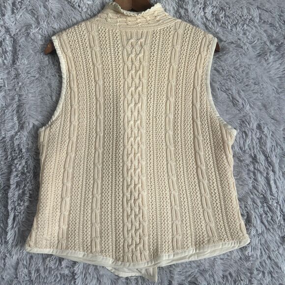 St. John Vest Womens Large Cream Cable Knit Wool Snap Front Ruffle Collar Lined - Picture 15 of 16